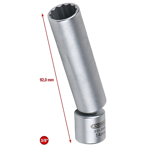 Eine silberne Steckschlüssel-Nuss. 92,0 mm lang. 3/8 Zoll und die Beschriftung KS TOOLS 911.3986 14mm